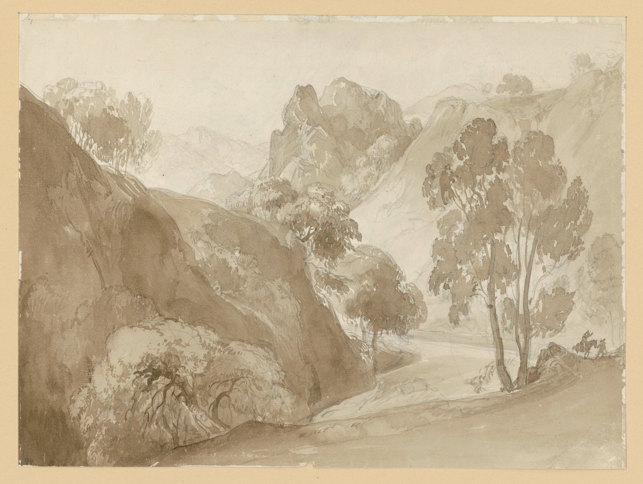 Valle fluvial y paisaje montañoso, con figuras en el camino de Ernst Fries