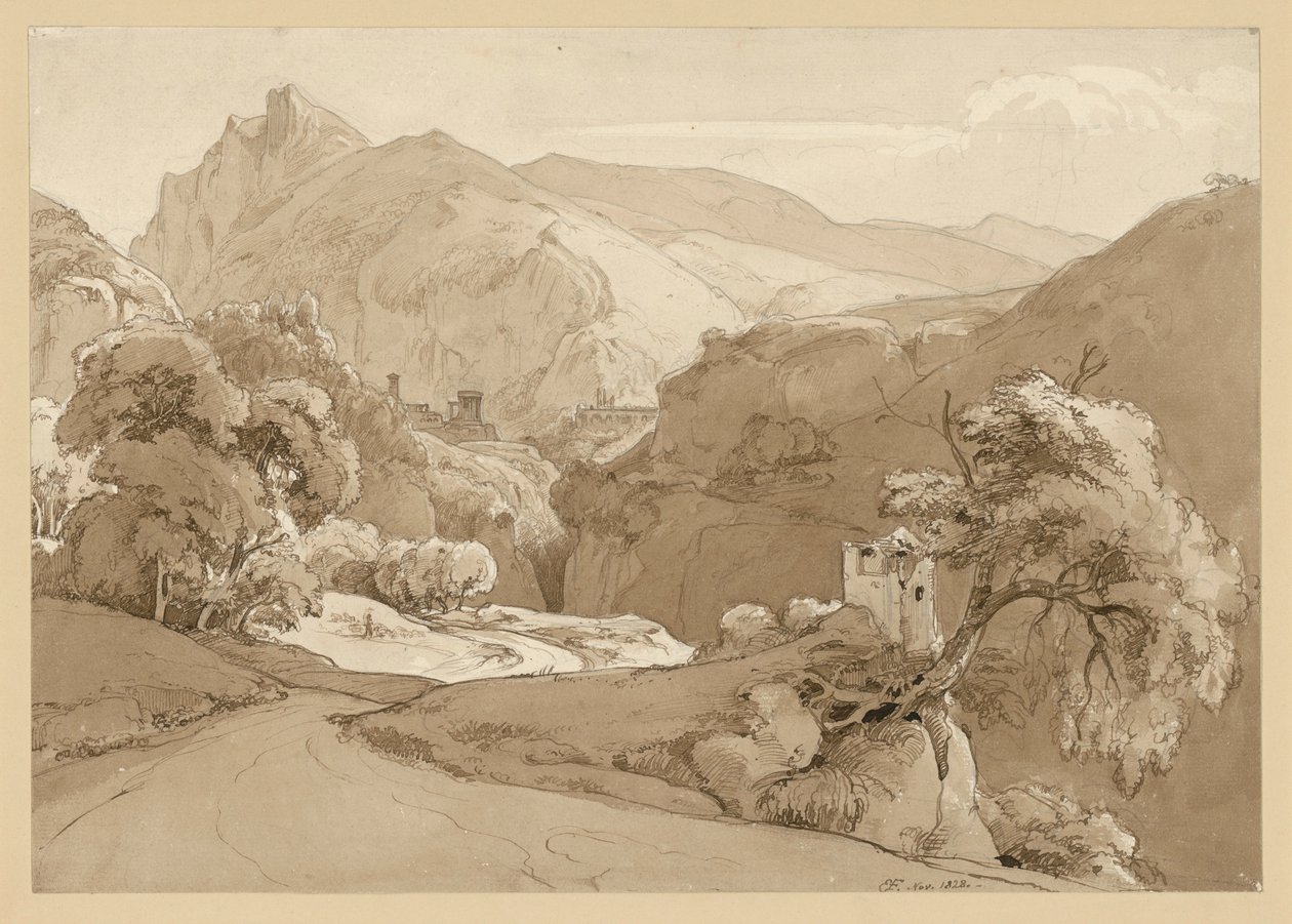 Paisaje montañoso italiano; en primer plano, las ruinas de un templo circular de Ernst Fries
