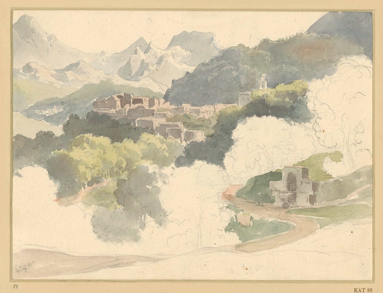 Paisaje montañoso italiano, con una localidad en el plano medio de Ernst Fries