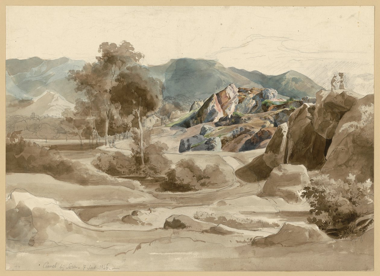 Paisaje italiano con un arroyo, árboles y una casa junto al camino, así como una zona rocosa escarpada. Camel, cerca de Sora de Ernst Fries