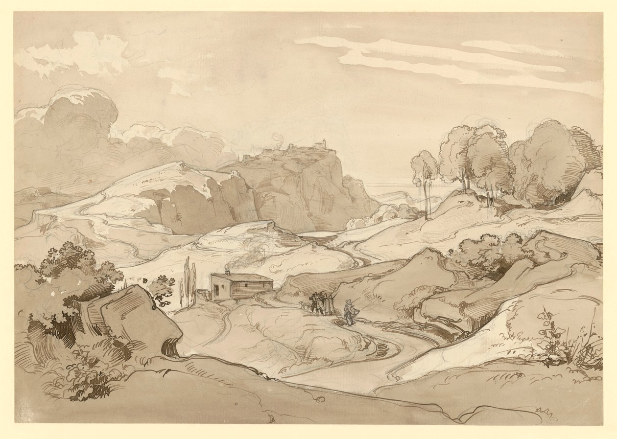 Paisaje italiano con colinas rocosas y árboles, una cabaña y figuras de ambientación junto al camino de Ernst Fries