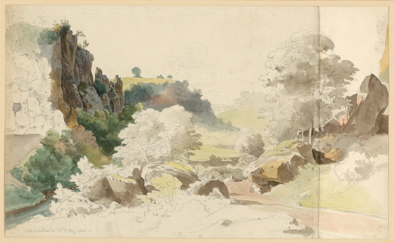 Paisaje con formación rocosa y árboles cerca de Civita Castellana de Ernst Fries