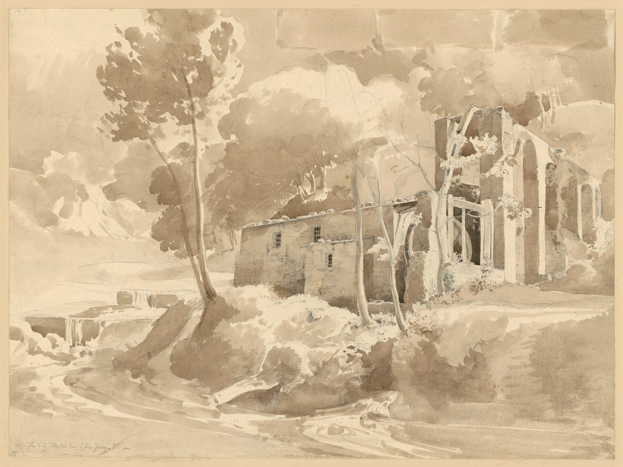 Paisaje con río y acueducto con molino cerca de Massa de Ernst Fries