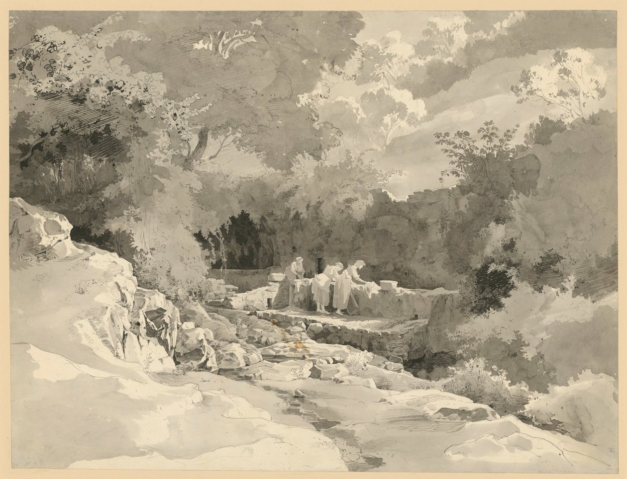 Paisaje con mujeres en la fuente de lavado de Ernst Fries