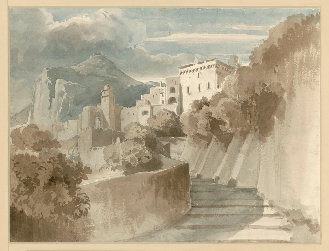 Motivo de Subiaco. Grupo de casas y escaleras, una montaña al fondo de Ernst Fries