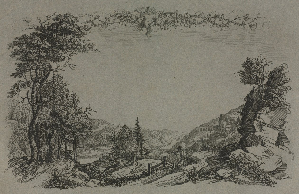 Seis vistas del castillo de Heidelberg: portada, escena de caza de Ernst Fries