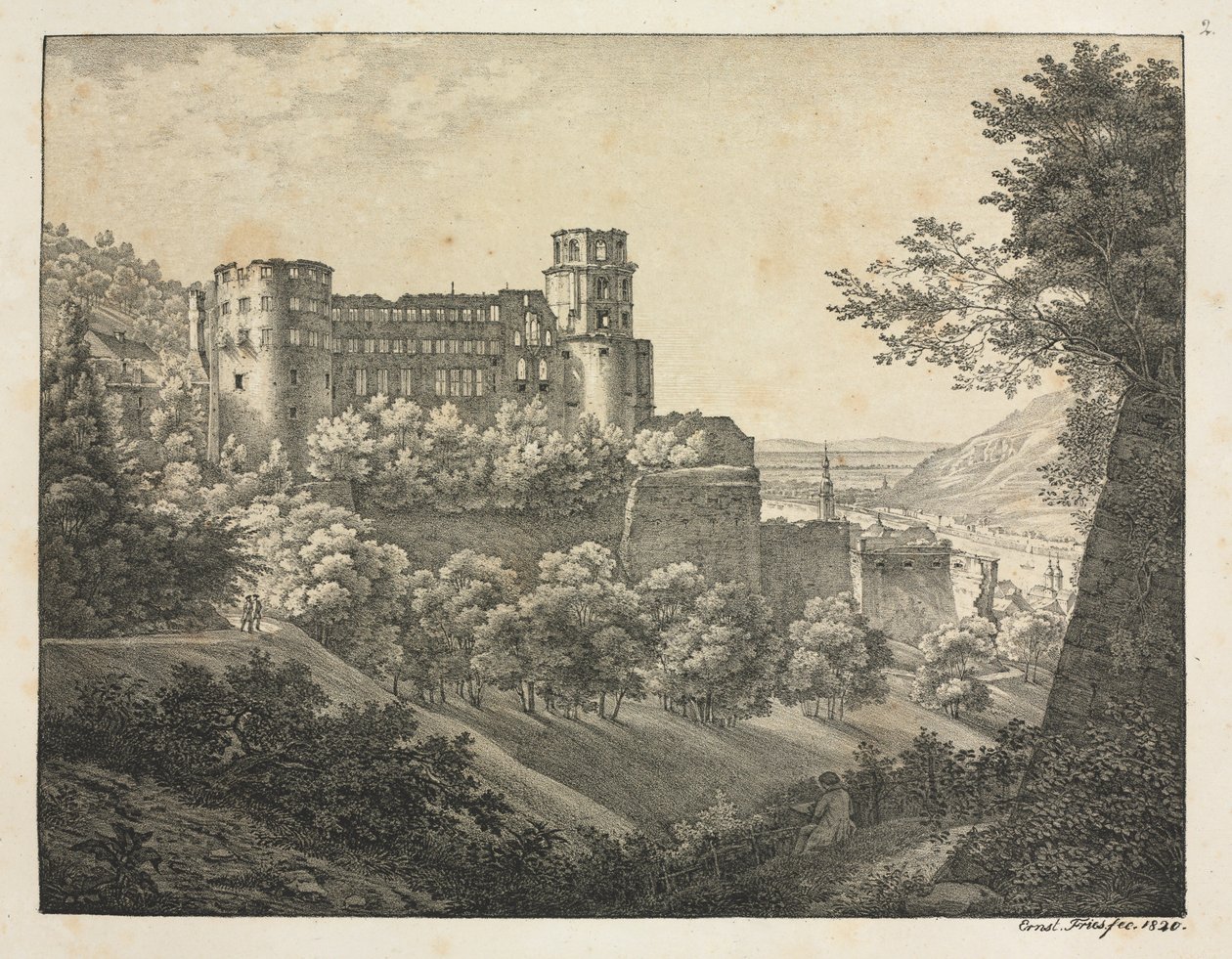 Seis vistas del Castillo de Heidelberg: Hacia el noreste, 1820 de Ernst Fries