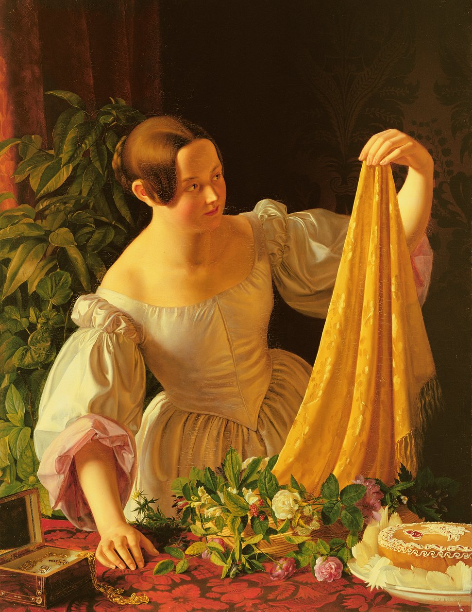 Niña inspeccionando sus regalos de cumpleaños de Ernst Harmann Schlichting