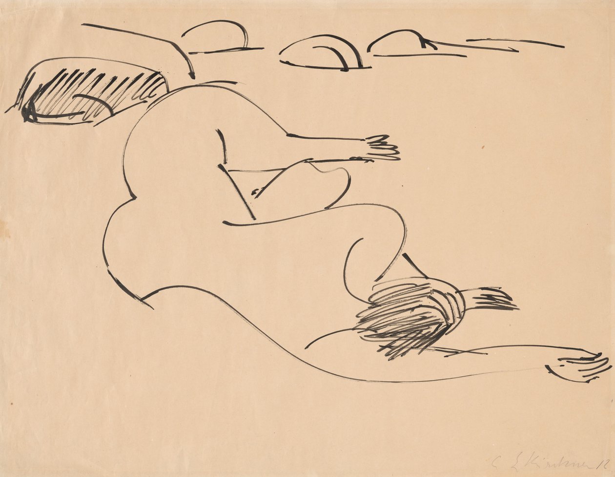 Erna tumbada en la playa entre rocas, 1912 de Ernst Ludwig Kirchner
