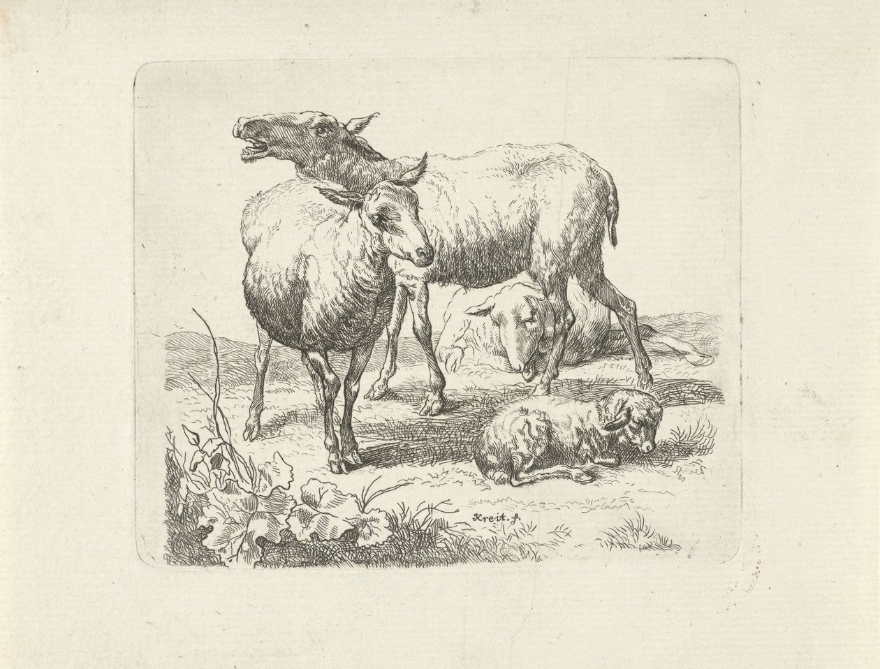 Tres ovejas y un cordero en un prado de Ernst Ludwig Creite