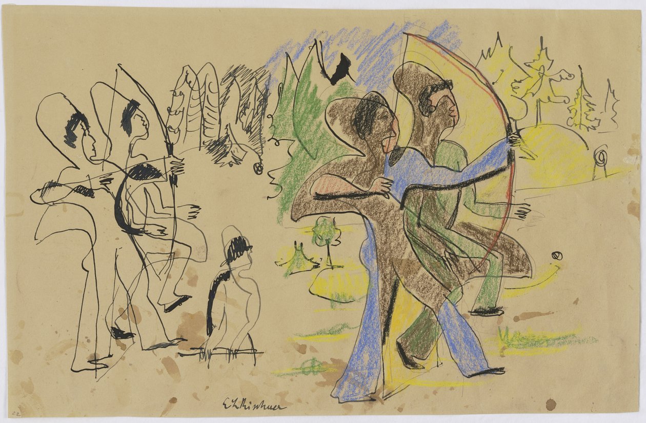 Arqueros, c.1935 (pluma y tiza sobre papel de estraza) de Ernst Ludwig Kirchner