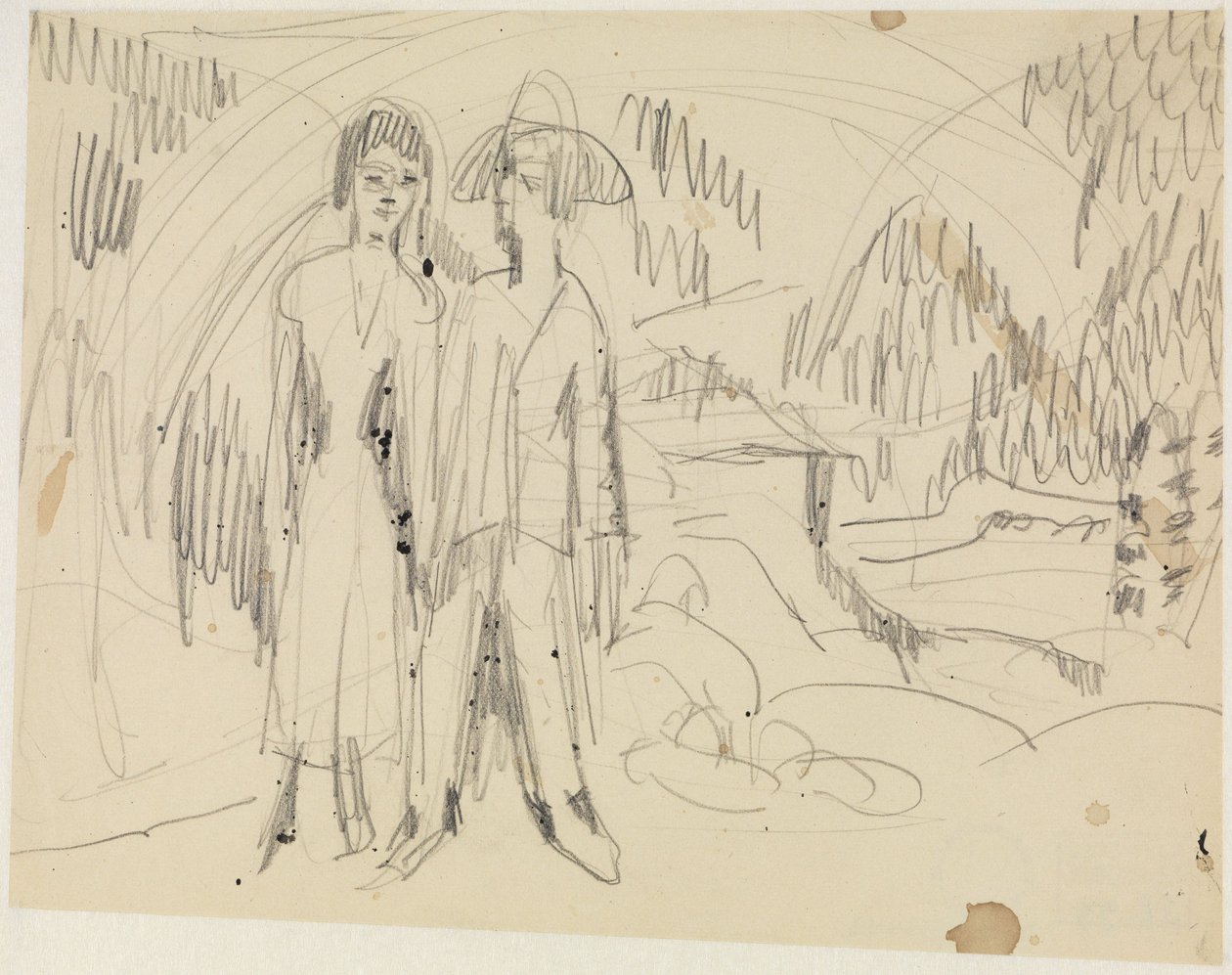 Pareja de campesinos ante un paisaje montañoso de Ernst Ludwig Kirchner