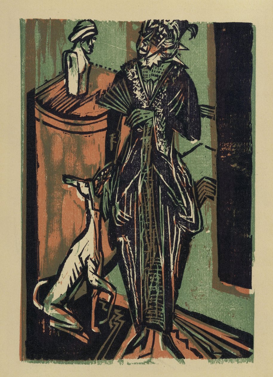Dama con perro. De: Catálogo de la exposición de vestidos del taller de bordado de la señora Eucken en Bremen de Ernst Ludwig Kirchner