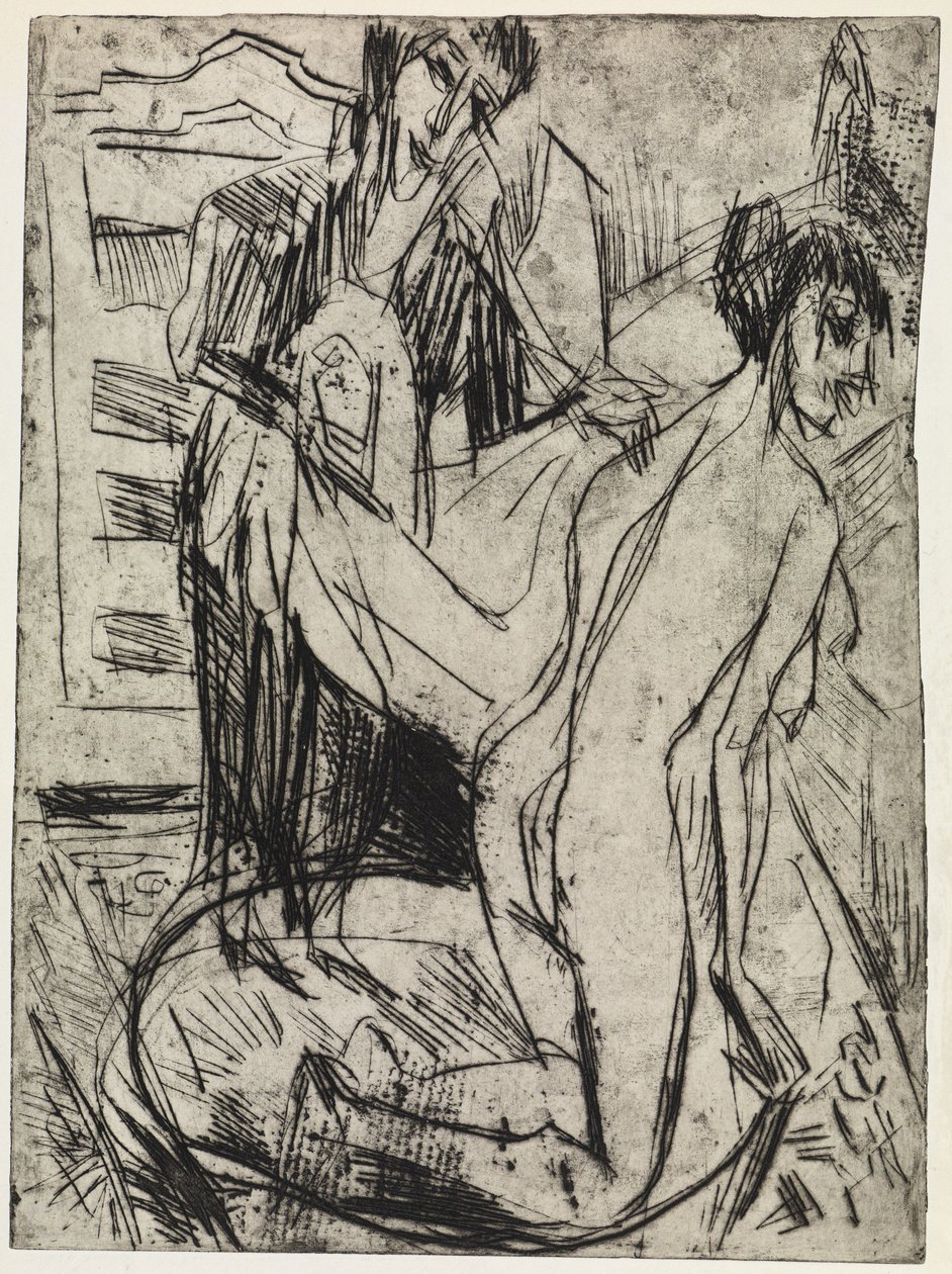 Tres figuras/Una mujer seca a una mujer que se está bañando de Ernst Ludwig Kirchner