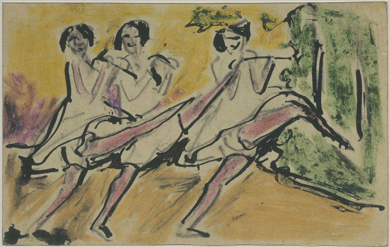 Drei Tänzerinnen (Postkarte an Otto und Maschka Mueller) de Ernst Ludwig Kirchner