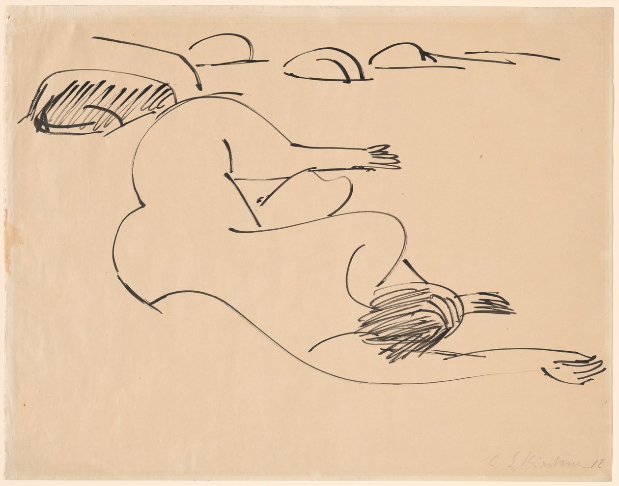 Erna acostada en la playa entre rocas de Ernst Ludwig Kirchner