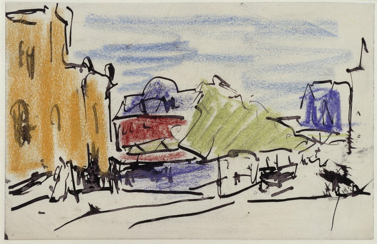 Paisaje fluvial con casas y pasarela peatonal de Ernst Ludwig Kirchner