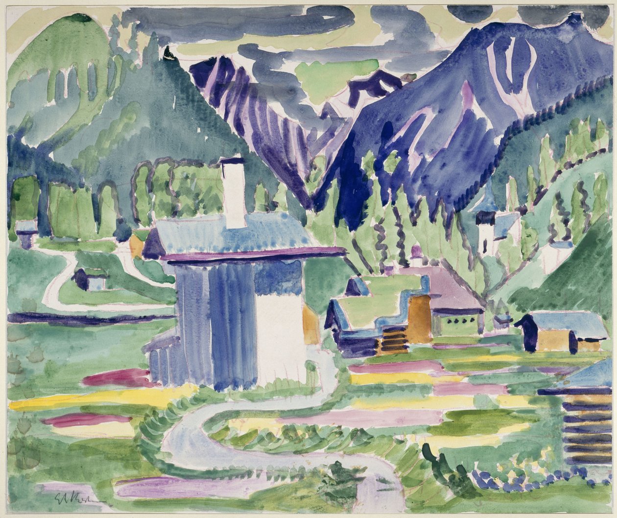Casas en Islen, con vistas a la iglesia de Frauenkirch de Ernst Ludwig Kirchner