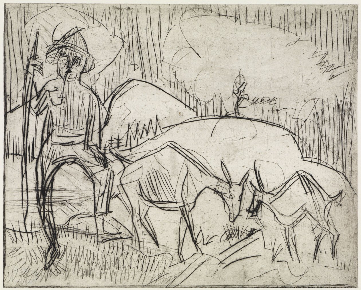 Pastor con cabras/Ladera de montaña con personas y cabras de Ernst Ludwig Kirchner