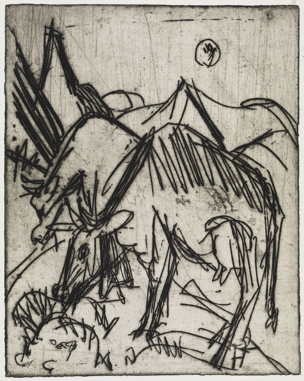 Vacas pastando a la luz de la luna / Dos niños jugando con un gato de Ernst Ludwig Kirchner