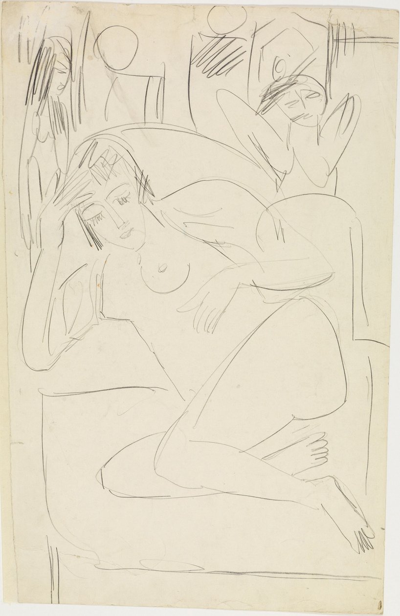 Desnudo femenino acurrucado en un sillón con figuras de madera de Ernst Ludwig Kirchner