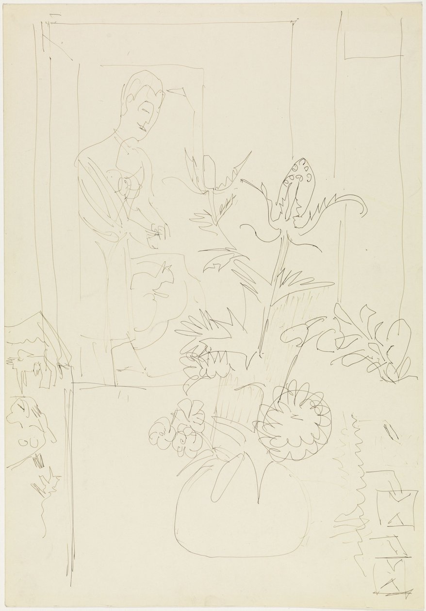 Interior con jarrón de flores, mujer y gato de Ernst Ludwig Kirchner