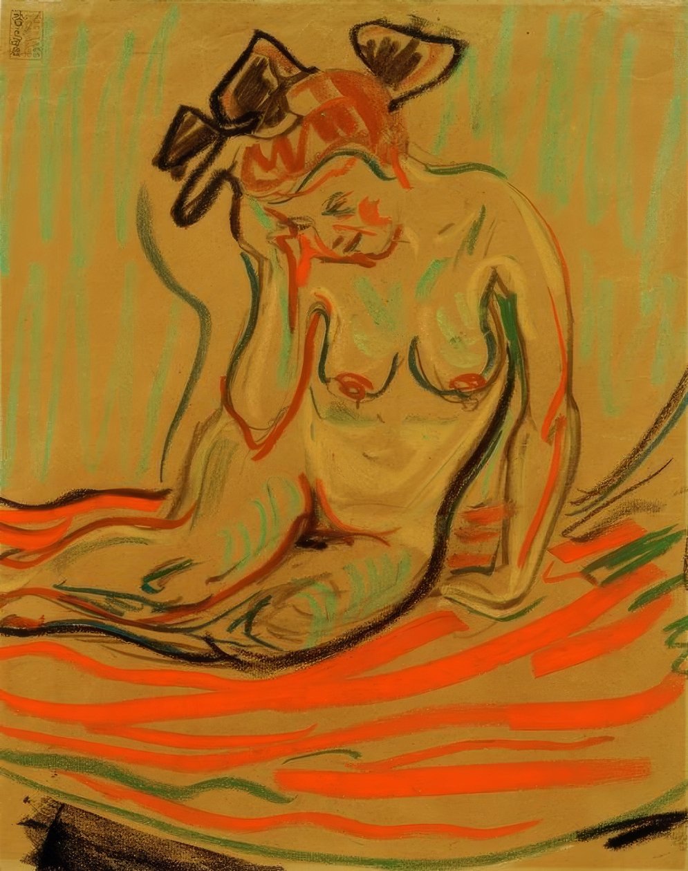 Desnudo femenino agachado con brazo apoyado de Ernst Ludwig Kirchner