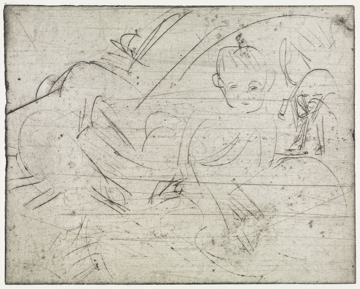 Niños con una sombrilla japonesa / Un niño tumbado y un gato de Ernst Ludwig Kirchner