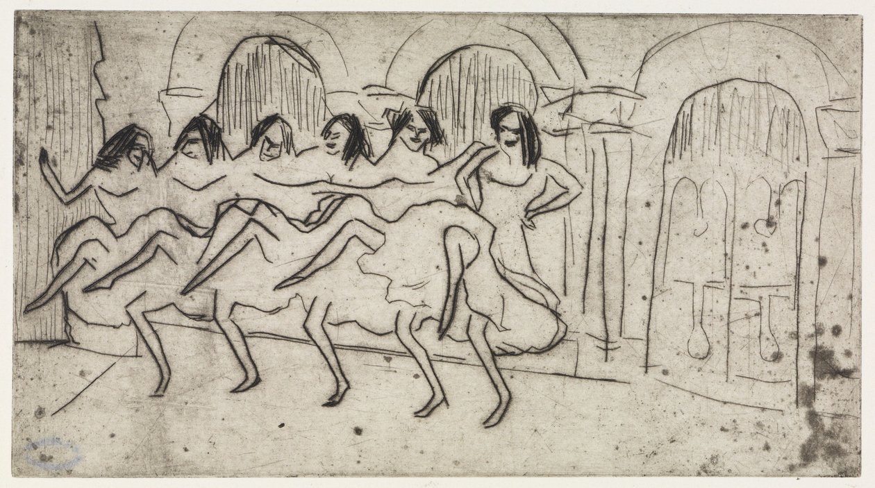 Lotte tumbada sobre unos cojines / Seis bailarinas ante una decoración en forma de arco - Compañía inglesa de Ernst Ludwig Kirchner