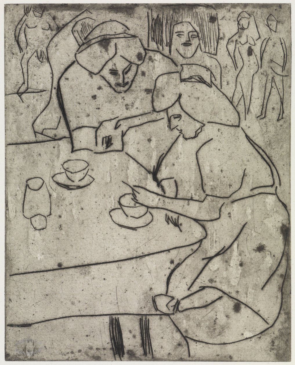 Una chica frotándole la barriga a otra / Una chica en la mesa del café de Ernst Ludwig Kirchner