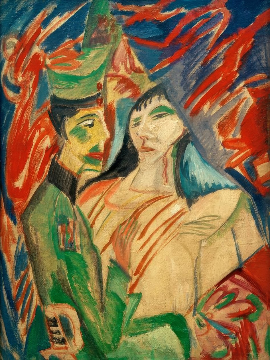 Soldado y niña entre cortinas coloridas de Ernst Ludwig Kirchner