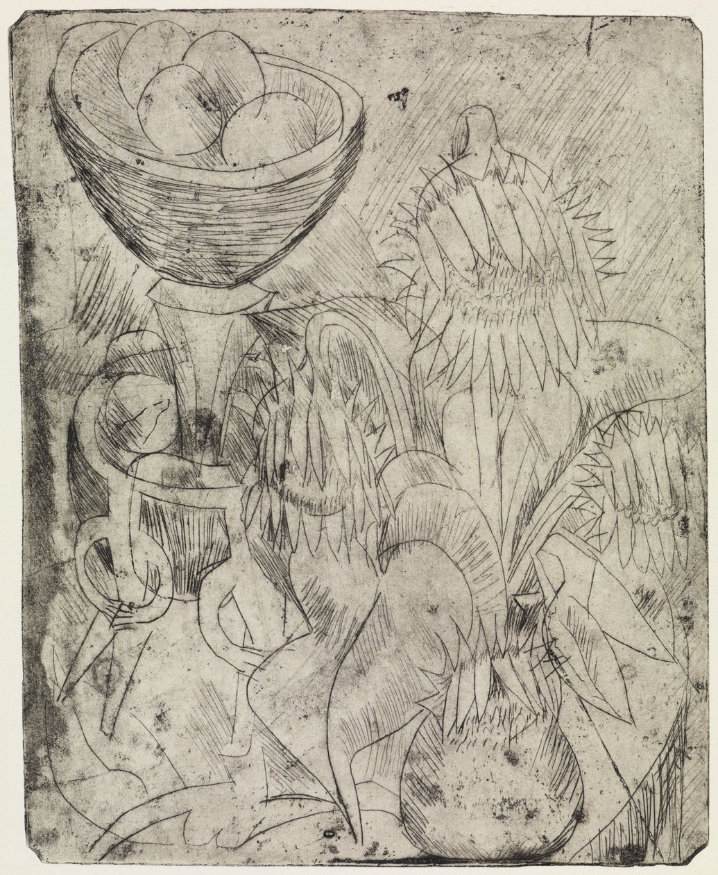 Naturaleza muerta con girasoles y una fuente de fruta / Un grupo de transeúntes y un coche eléctrico de Ernst Ludwig Kirchner