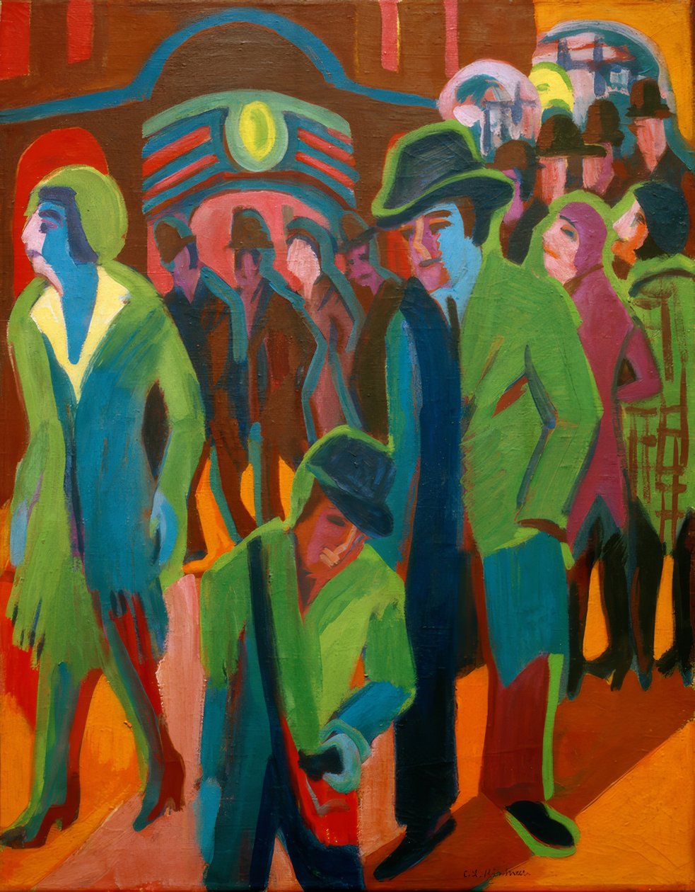 Calle con transeúntes bajo iluminación nocturna de Ernst Ludwig Kirchner