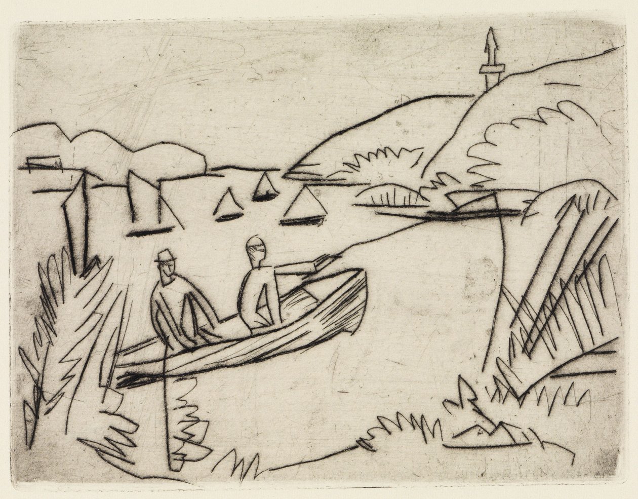 Dos bañistas en los estanques de Moritzburg / Un pescador en una barca en el lago Müggelsee de Ernst Ludwig Kirchner
