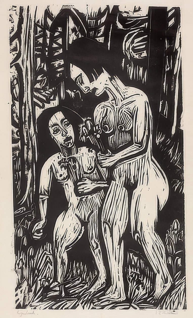Dos chicas desnudas con flores en el bosque de Ernst Ludwig Kirchner