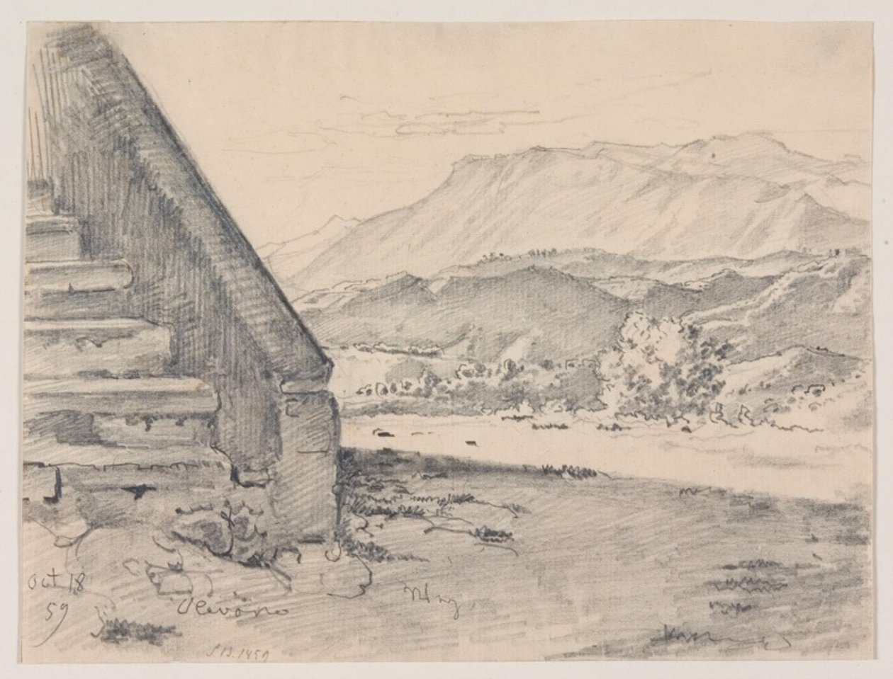 Vista con una escalera a la izquierda y a la derecha vista de un paisaje montañoso de Ernst Meyer