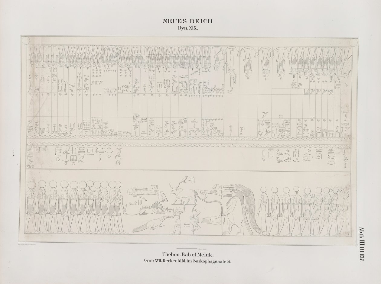Dibujo de la pintura del techo en la Sala del Sarcófago, 19ª Dinastía, Tebas, Biban-el-Muluk, Nuevo Reino, ilustración de "Monumentos a Egipto y Etiopía...", por Richard Lepsius de Ernst Weidenbach