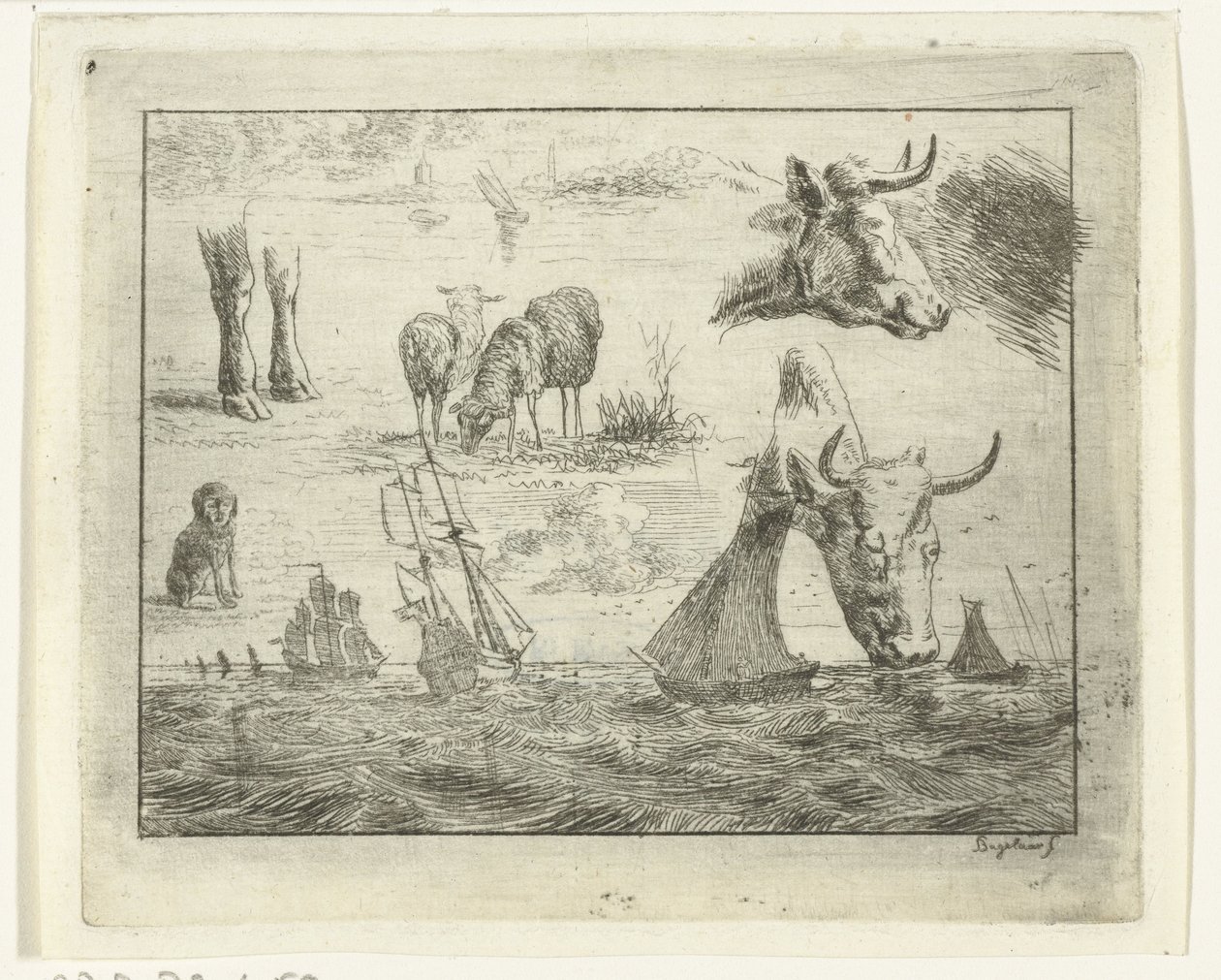 Ficha de estudio con una marina, dos cabezas de vaca, una oveja, un perro y dos piernas de Ernst Willem Jan Bagelaar