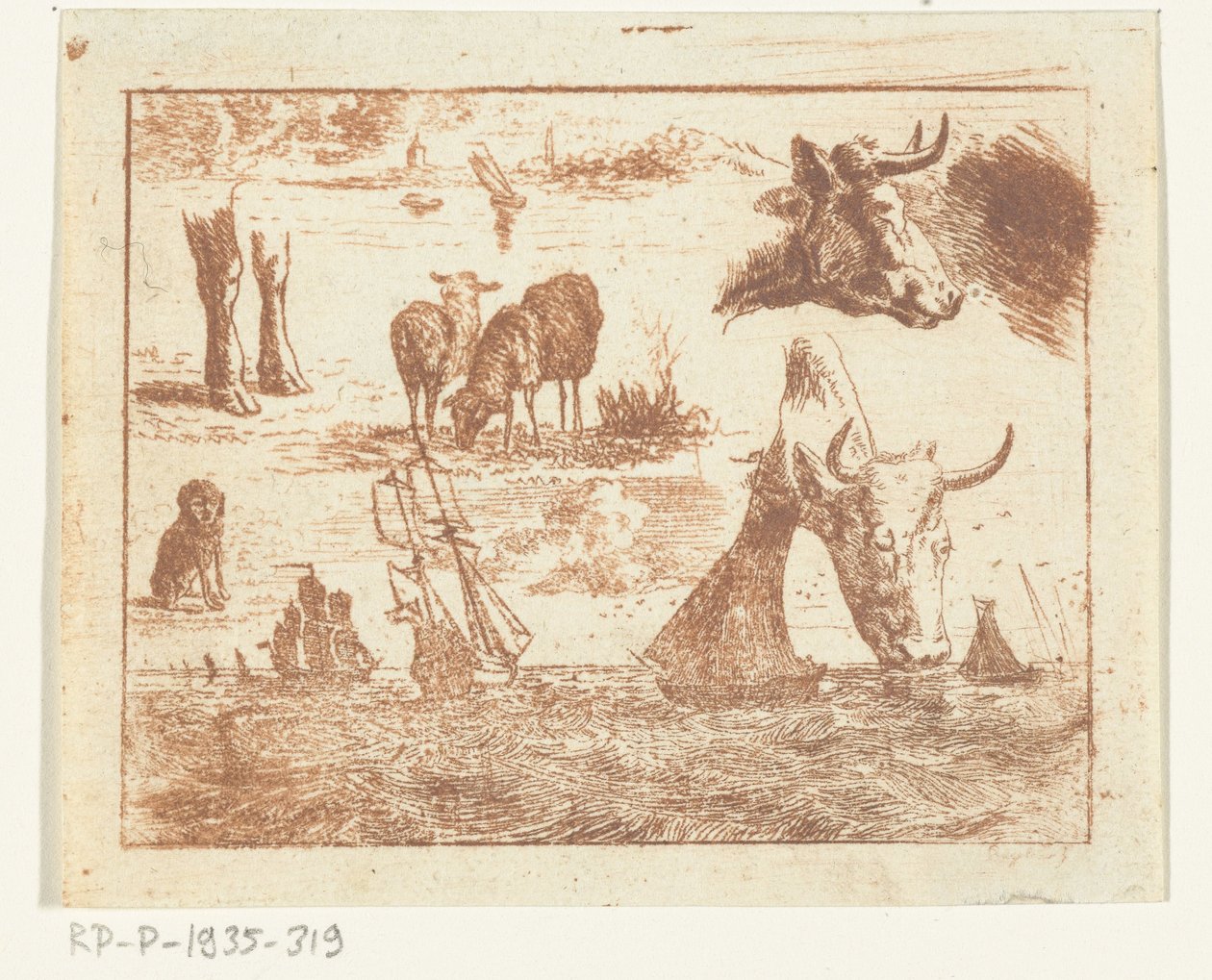 Ficha de estudio con una marina, dos cabezas de vaca, una oveja, un perro y dos piernas de Ernst Willem Jan Bagelaar