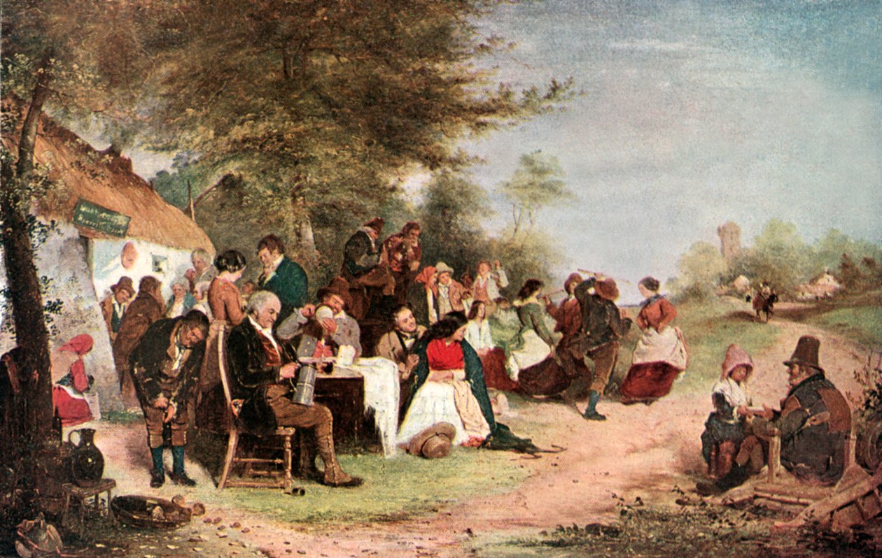 Una fiesta irlandesa (litografía en color) de Erskine Nicol