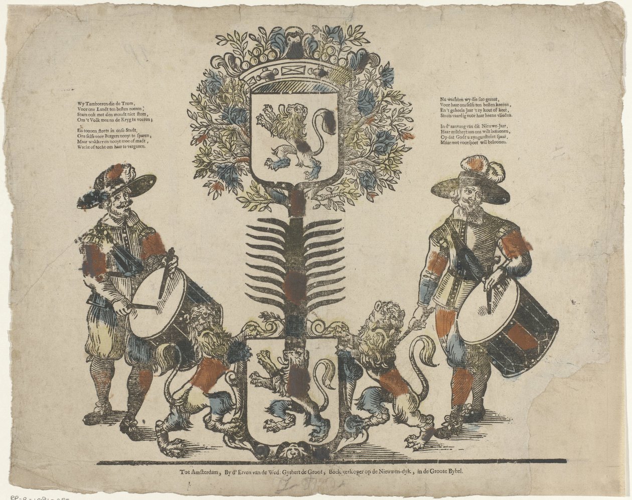 Árbol con dos escudos, a cada lado un tamborilero de Erven Weduwe Gijsbert de Groot