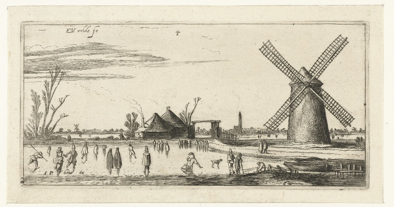 Patinadores en el hielo cerca de un molino en Penningsveer de Esaias van de Velde