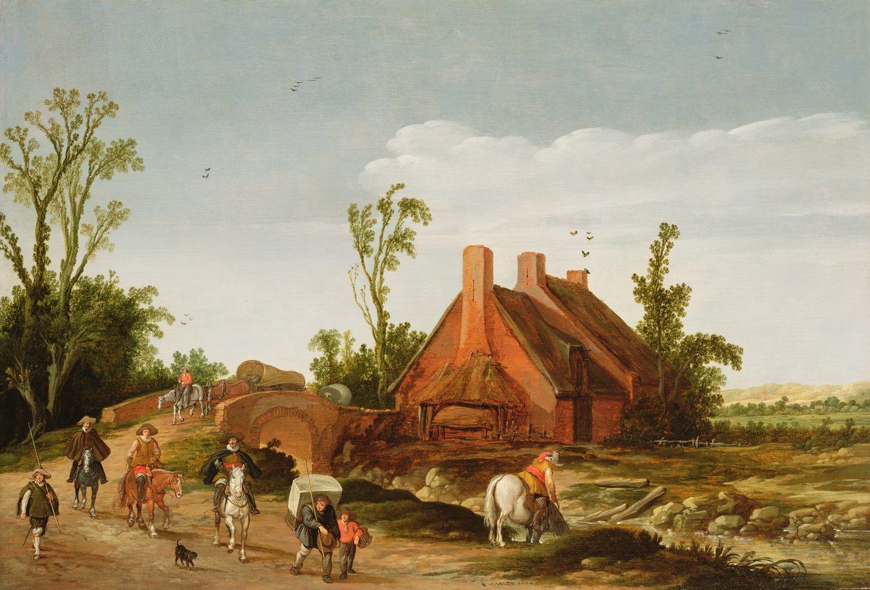 Paisaje boscoso con viajeros en un camino, 1624 de Esaias van de Velde