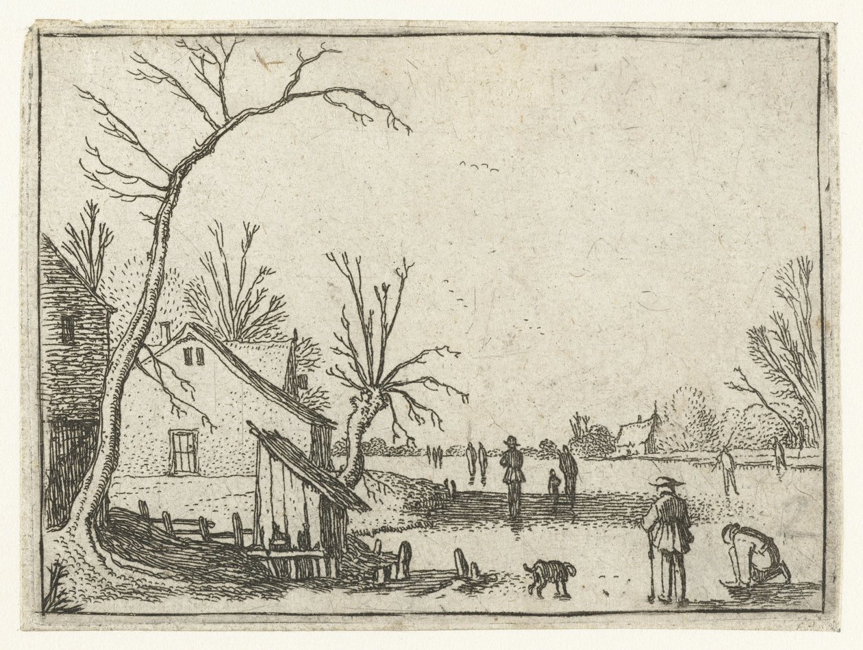 Granja junto al río helado y patinadores sobre el hielo Pequeños paisajes (título de serie) de Esaias van de Velde