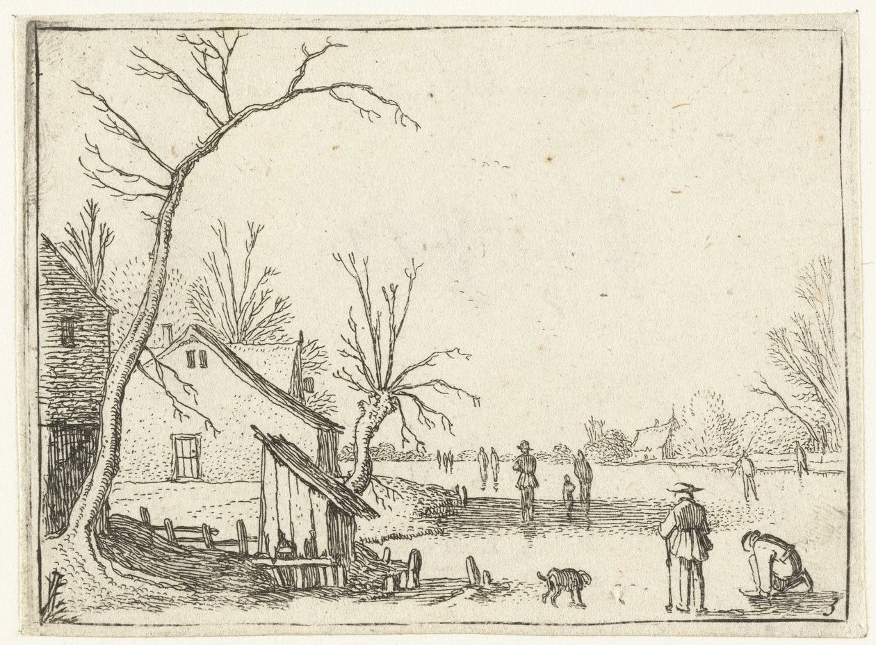 Granja junto al río helado y patinadores sobre el hielo Pequeños paisajes (título de serie) de Esaias van de Velde