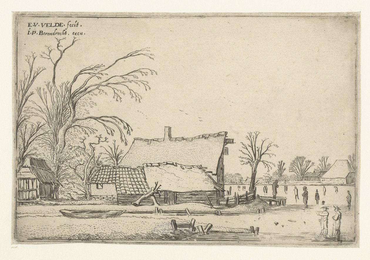 Granja por río congelado con patinadores Paisajes paisajísticos (título de la serie) de Esaias van de Velde