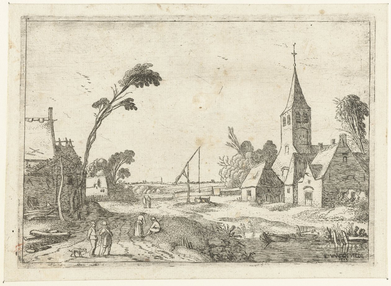 Vista del pueblo con granjas, iglesia y pozo Paisajes paisajísticos (título de la serie) de Esaias van de Velde
