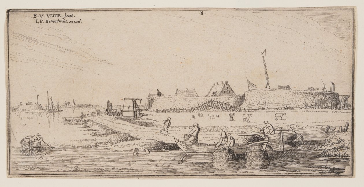 Pescadores en barcas de remos ante una ciudad amurallada, de Paisajes de Esaias van de Velde