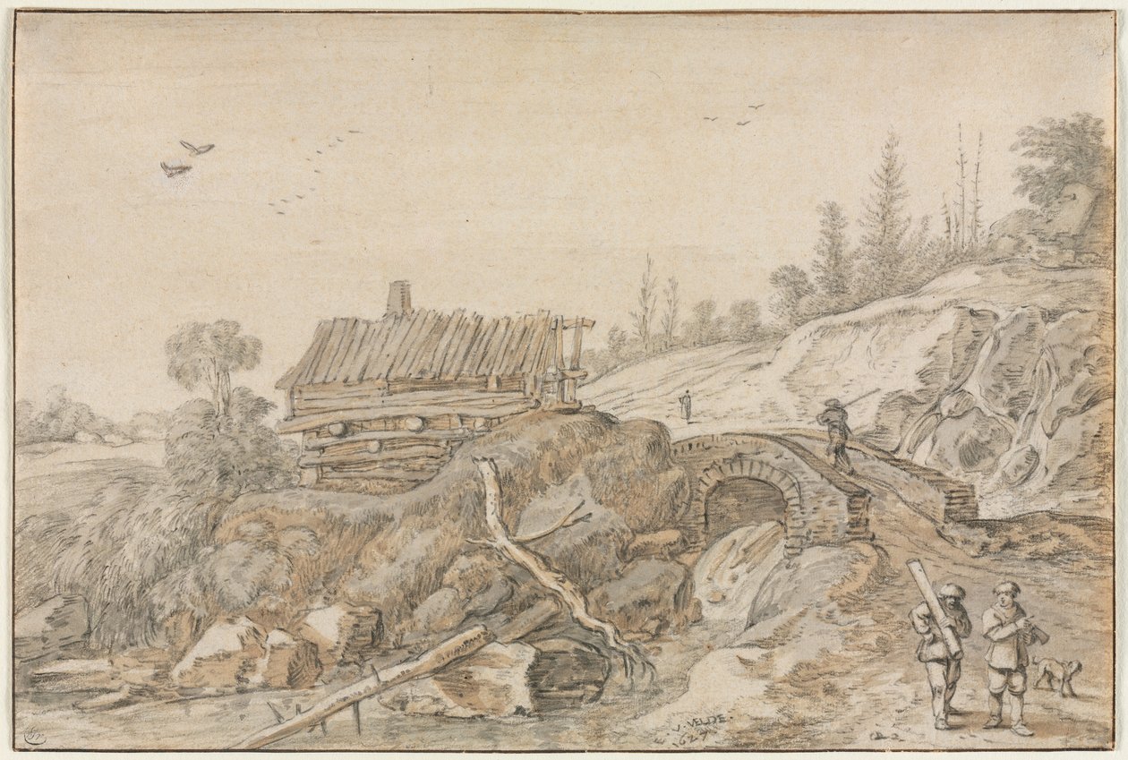 Hilly Landscape with Hut Beside a Stream de Esaias van de Velde