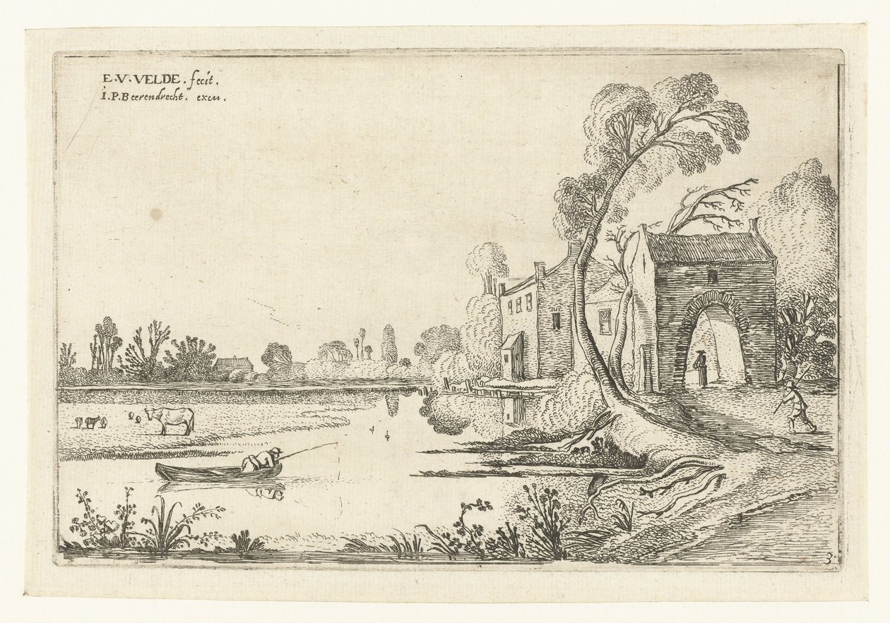 Paisaje con un río y una puerta de entrada. Paisajes paisajísticos (título de la serie) de Esaias van de Velde